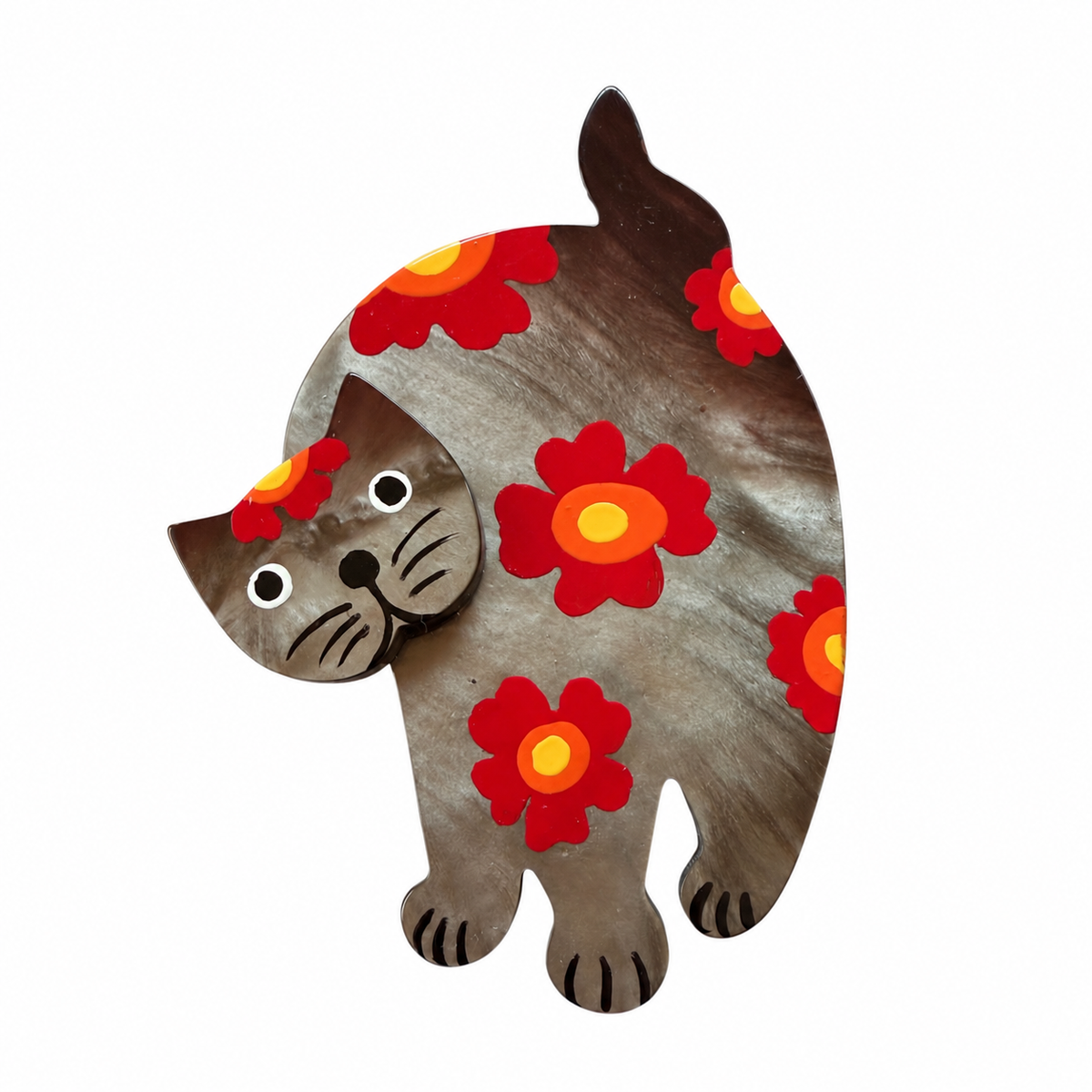 Mineral Beige, Red, Orange and Yellow Marimekko Titus Cat Brooch