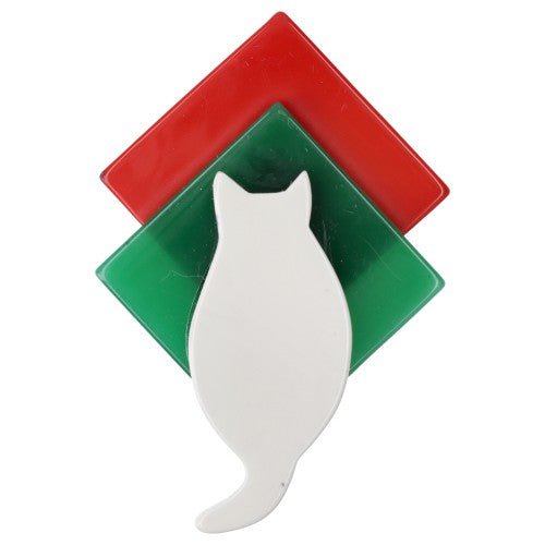 Italian White Kitty on Green and Red Brooch - Galalith – Vintage Jewelry - handcrafted by Pavone by Pavone
