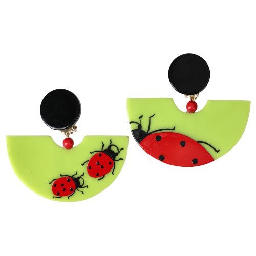 Anise Green and Red Fan Ladybug Earrings - Galalith – Vintage Jewelry - handcrafted by Pavone by Pavone