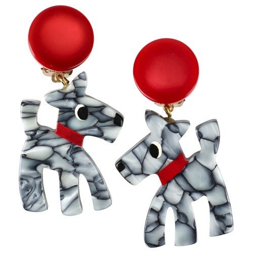 Marble Grey and Red Dog Fox Dog Earrings - Galalith – Vintage Jewelry - handcrafted by Pavone by Pavone