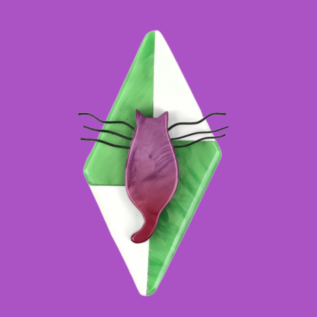 Purple, green and White Triangle Cat Brooch - Galalith – Vintage Jewelry - handcrafted by Pavone by Pavone