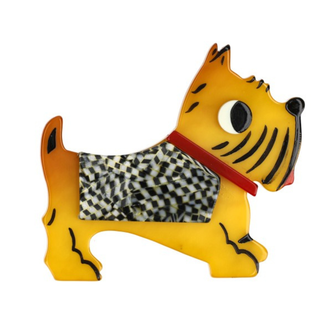 Yellow, Black and White Checkerboard Coat, Red Collar Jano Dog Brooch (Right)