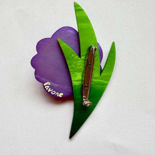 Lilac Purple, Purple and Grass Green Dalhia Flower Brooch back size