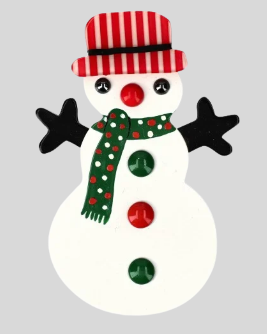 White Snowman Brooch with a Striped Red-White Hat and a Green Scarf