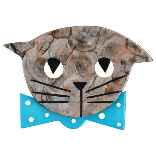 Agate Bow Tie Cat Brooch wearing a Turquoise Bow Tie with White Polka Dots - Galalith – Vintage Jewelry - handcrafted by Pavone by Pavone