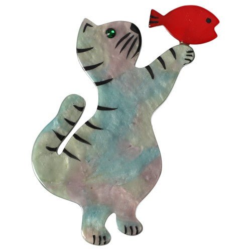 Agate Standing Cat Brooch with red Fish - Galalith – Vintage Jewelry - handcrafted by Pavone by Pavone