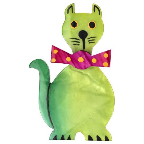 Anis Green with a Pink Bow Dandy Cat Brooch - Galalith – Vintage Jewelry - handcrafted by Pavone by Pavone