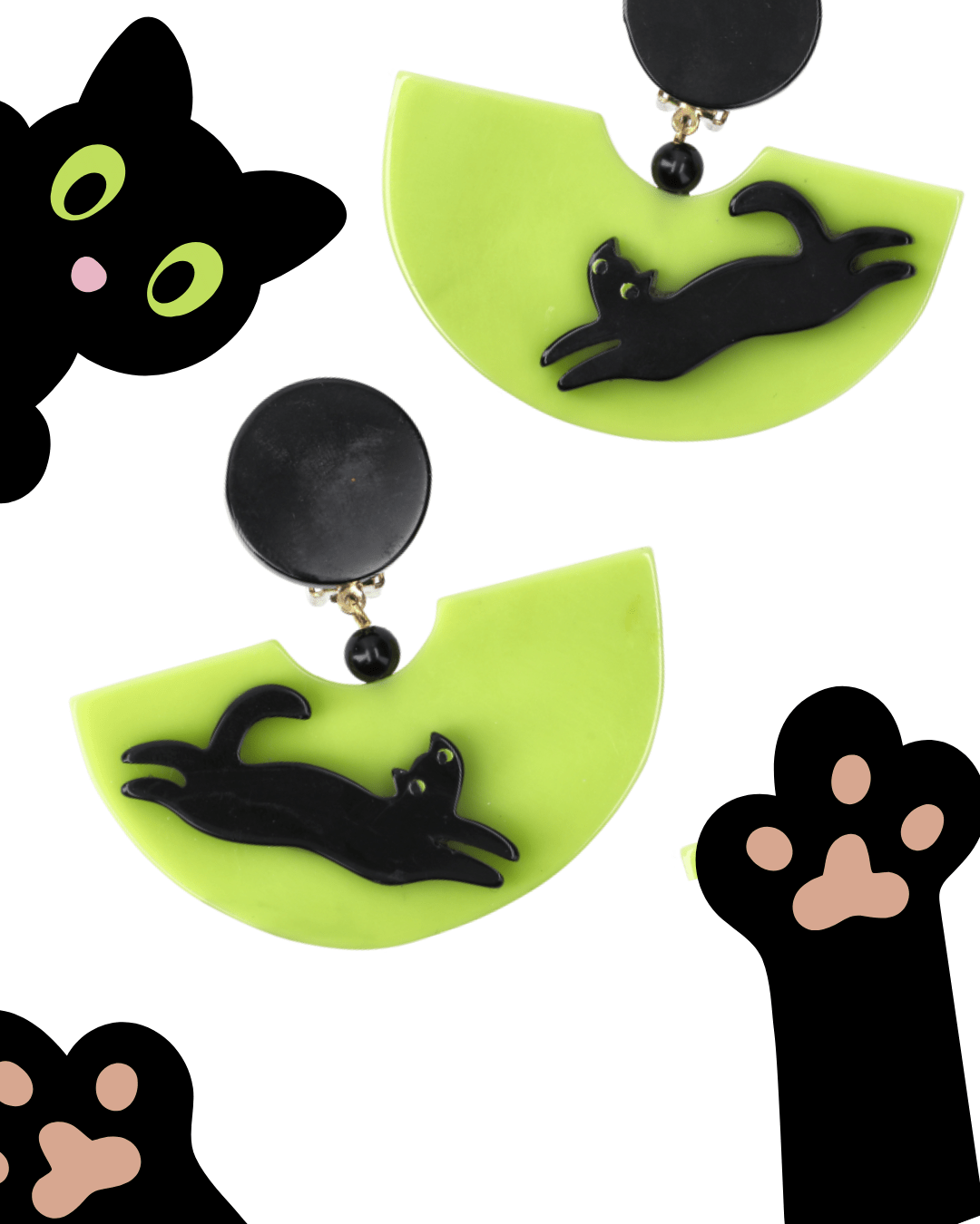 Anise Green with Black Cat Earrings - Galalith – Vintage Jewelry - handcrafted by Pavone by Pavone