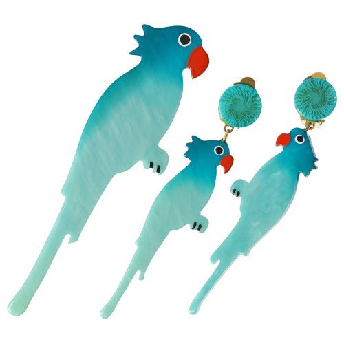 Aquamarine Parrot Bird Brooch and Earrings - Galalith – Vintage Jewelry - handcrafted by Pavone by Pavone