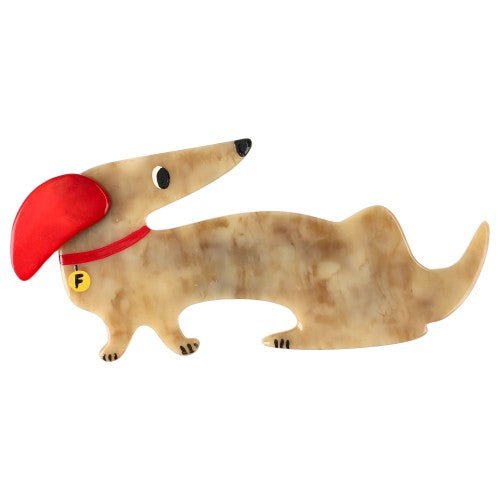 Beige Dachshund Fifi Dog Brooch with a Red Hear and Necklace - Galalith – Vintage Jewelry - handcrafted by Pavone by Pavone