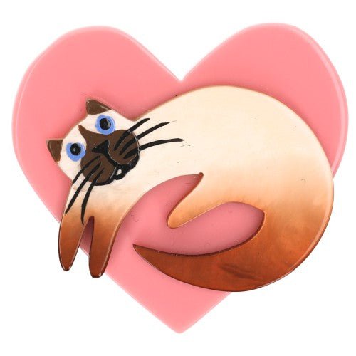 Beige Siamese Cat on Pink Heart Brooch (small size) - Galalith – Vintage Jewelry - handcrafted by Pavone by Pavone