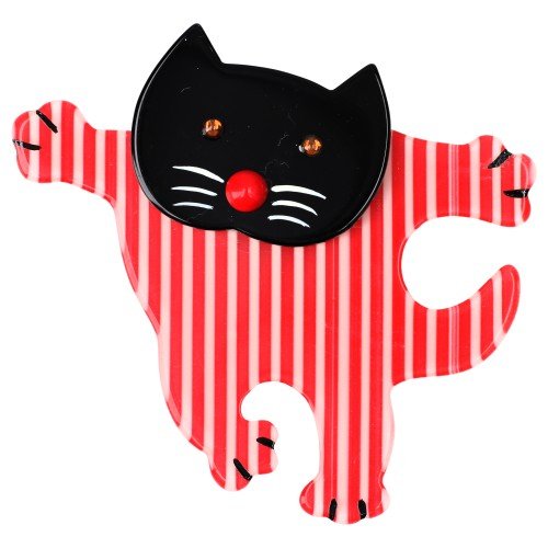 Black and Red Striped Dancing Cat Brooch - Galalith – Vintage Jewelry - handcrafted by Pavone by Pavone