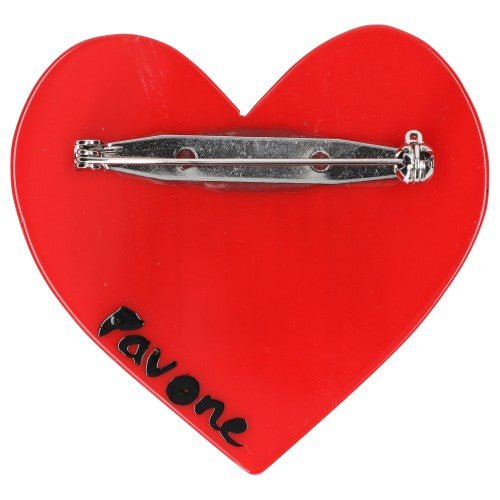 Black and White Striped Cat on Red and White Striped Heart Brooch (middle size) - Galalith – Vintage Jewelry - handcrafted by Pavone by Pavone