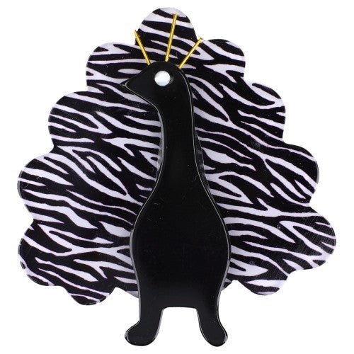 Black and Zebra Peacock Bird Brooch - Galalith – Vintage Jewelry - handcrafted by Pavone by Pavone