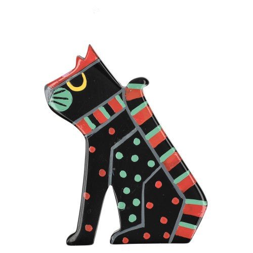 Black, Caramel Brown and Green Little Sphinx Cat Brooch - Galalith – Vintage Jewelry - handcrafted by Pavone by Pavone