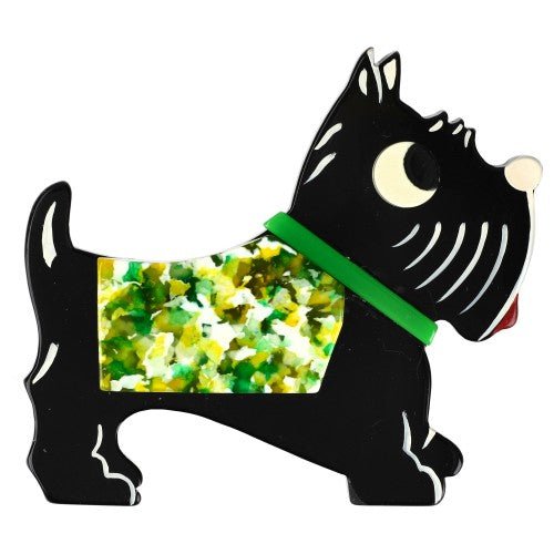 Black, Green and Yellow Coat, Green Collar Jano Dog Brooch - Galalith – Vintage Jewelry - handcrafted by Pavone by Pavone