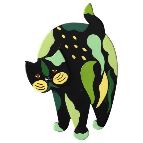 Black, Green and Yellow Titus Cat Brooch - Galalith – Vintage Jewelry - handcrafted by Pavone by Pavone