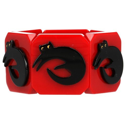 Black Lying Cat on Red Bracelet - Galalith – Vintage Jewelry - handcrafted by Pavone by Pavone
