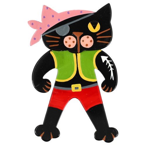 Black Pirate Cat Brooch with Pink, Green and Red (large size) - Galalith – Vintage Jewelry - handcrafted by Pavone by Pavone