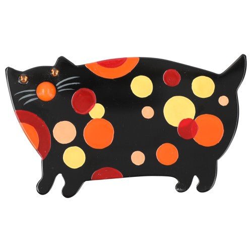 Black with orange, salmon, red, yellow Dots Decor Cat Brooch - Galalith – Vintage Jewelry - handcrafted by Pavone by Pavone