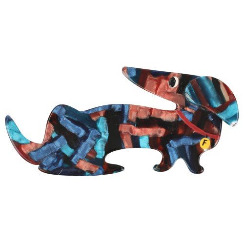 Blue and Caramel Dachshund Fifi Dog Brooch with a Blue Ear - Galalith – Vintage Jewelry - handcrafted by Pavone by Pavone