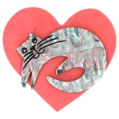 Boreal Azur Blue Cat on Pink Heart Brooch (middle size) - Galalith – Vintage Jewelry - handcrafted by Pavone by Pavone