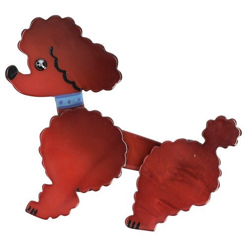 Brick Red Ari Poodle Dog Brooch with a Blue Necklace - Galalith – Vintage Jewelry - handcrafted by Pavone by Pavone