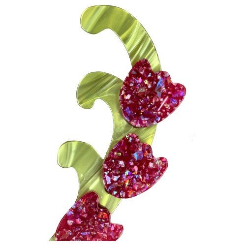 Brilliant Fuchsia Pink and and Wasabi Green Single Lily of The Valley Brooch - Galalith – Vintage Jewelry - handcrafted by Pavone by Pavone