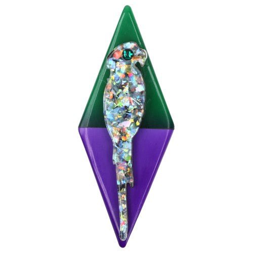 Brilliant Parrot Bird Brooch on Purple and Green Triangle - Galalith – Vintage Jewelry - handcrafted by Pavone by Pavone