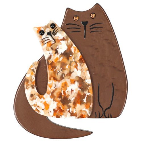Brown and Glitter Yellow Cat Couple Brooch - Galalith – Vintage Jewelry - handcrafted by Pavone by Pavone