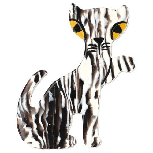 Striped White and Brown Calinou Cat Brooch (Mini Brooch) - Galalith – Vintage Jewelry - handcrafted by Pavone by Pavone
