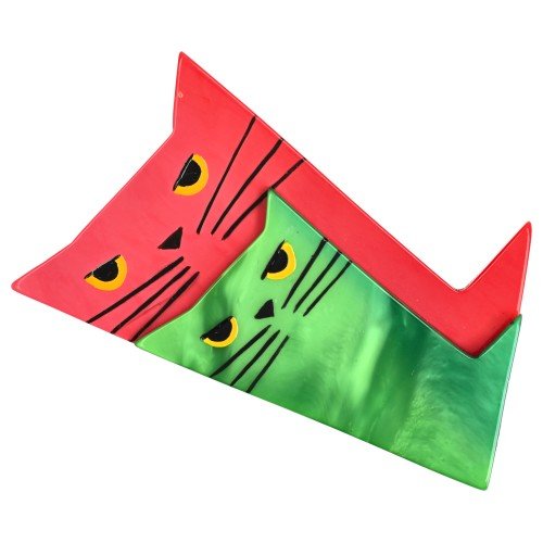 Candy Pink and Green Chartreuse Cat Brooch - Galalith – Vintage Jewelry - handcrafted by Pavone by Pavone