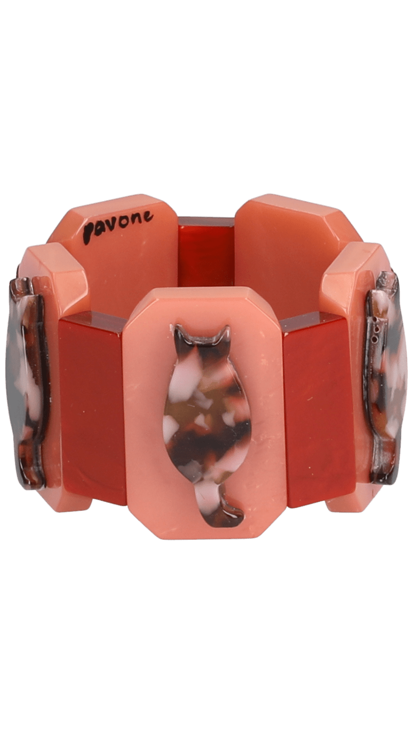 Pink Brown and Ginger Kitty, on Salmon Pink and Ginger Brown Bracelet - Galalith – Vintage Jewelry - handcrafted by Pavone by Pavone