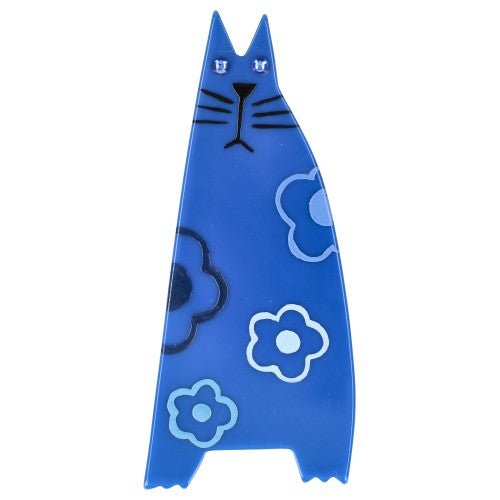 Cobalt Blue with Blue Flower motif Standing Chadok Cat Brooch (Left) - Galalith – Vintage Jewelry - handcrafted by Pavone by Pavone