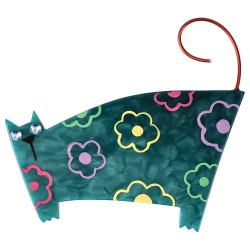 Teal Blue with Multicolored Flowers motif Walking Chadok Cat Brooch - Galalith – Vintage Jewelry - handcrafted by Pavone by Pavone