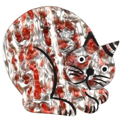 Pearly Red and Grey Sitting Cat Brooch - Galalith – Vintage Jewelry - handcrafted by Pavone by Pavone