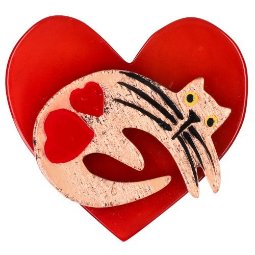 Copper Gold Cat on Pearly Red Heart Brooch Right (small size) - Galalith – Vintage Jewelry - handcrafted by Pavone by Pavone