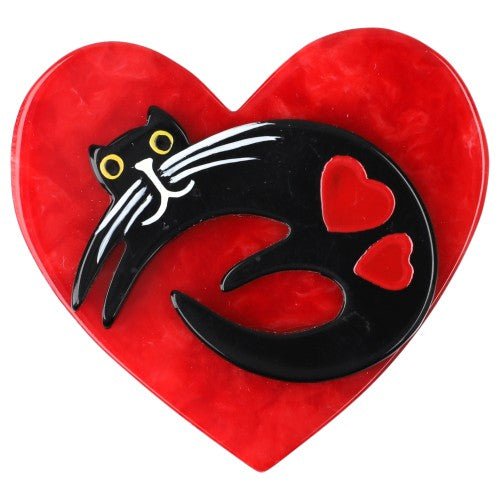 Black Cat on Pearly Red Heart Brooch (mini brooch) - Galalith – Vintage Jewelry - handcrafted by Pavone by Pavone