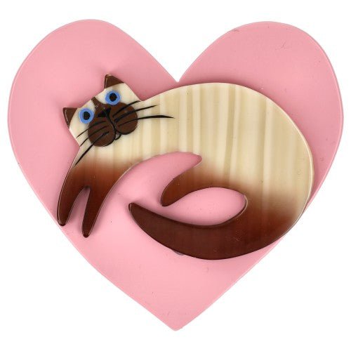 Siamese Cat on Light Pink Heart Brooch (Large size) - Galalith – Vintage Jewelry - handcrafted by Pavone by Pavone