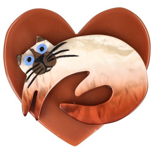 Beige Siamese Cat on Milk - Caramel Heart Brooch (small size) - Galalith – Vintage Jewelry - handcrafted by Pavone by Pavone