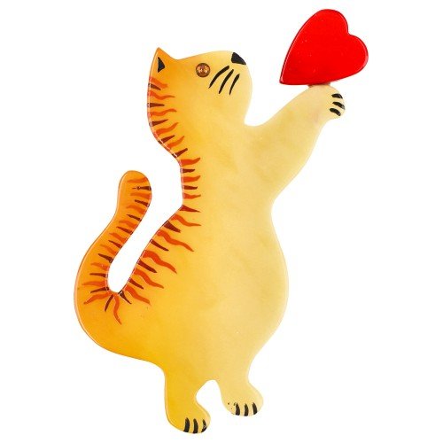 Light Yellow Standing Valentine Cat Brooch with a Red Heart (large size) Right - Galalith – Vintage Jewelry - handcrafted by Pavone by Pavone