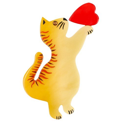 Light Yellow Standing Valentine Cat Brooch with a Red Heart (middle size) Right - Galalith – Vintage Jewelry - handcrafted by Pavone by Pavone