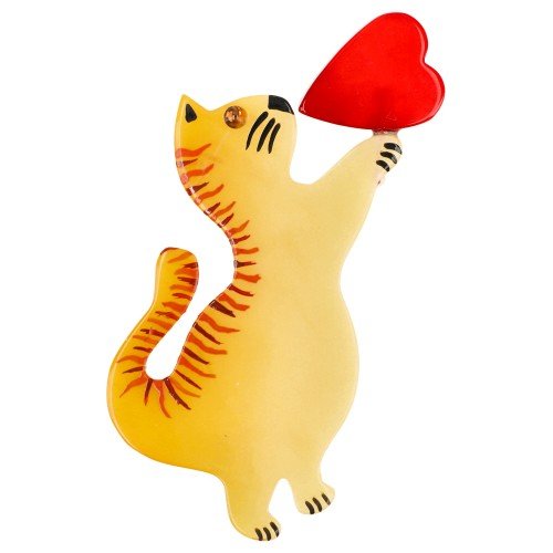 Light Yellow Standing Valentine Cat Brooch with a Red Heart (small size) Right - Galalith – Vintage Jewelry - handcrafted by Pavone by Pavone