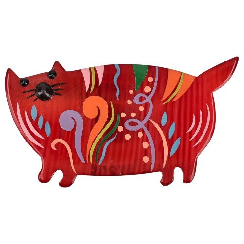 Red and Multicoloured Decor Cat Brooch - Galalith – Vintage Jewelry - handcrafted by Pavone by Pavone