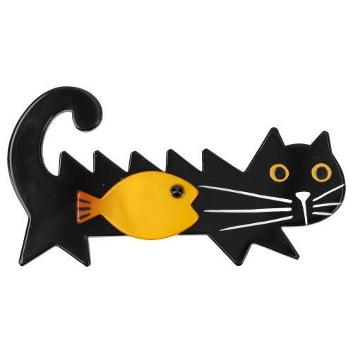 Black and RSun Yellow Fish Cat Brooch - Galalith – Vintage Jewelry - handcrafted by Pavone by Pavone
