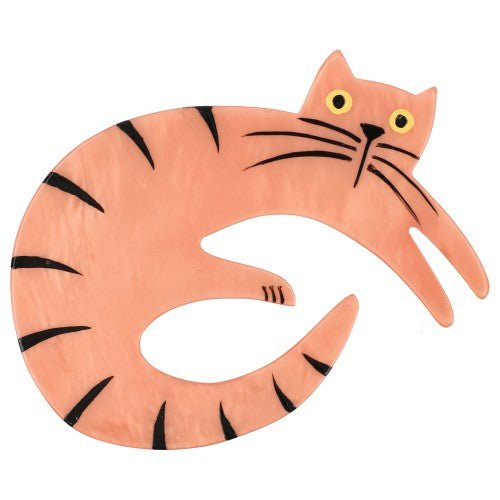 Peach Pink stiped Lying Cat in round Brooch - Galalith – Vintage Jewelry - handcrafted by Pavone by Pavone