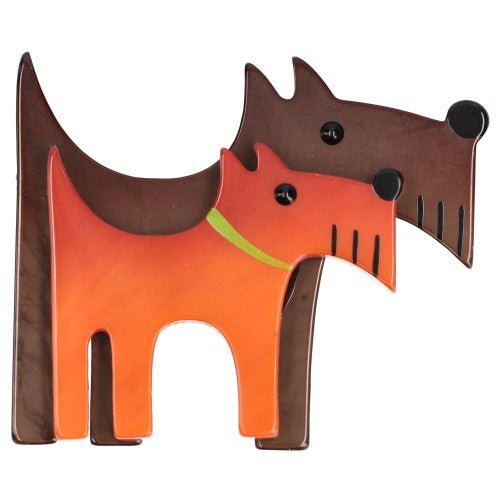 Chocolate Brown and Orange Double Dog Brooch - Galalith – Vintage Jewelry - handcrafted by Pavone by Pavone