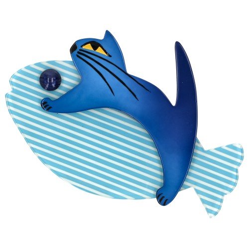Cobalt Blue and Striped Azur Blue Sinbad Cat Brooch (large size) - Galalith – Vintage Jewelry - handcrafted by Pavone by Pavone
