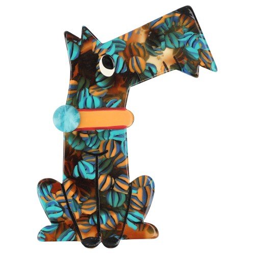 Brown with Orange and Turquoise patterns Coquin Dog Brooch - Galalith – Vintage Jewelry - handcrafted by Pavone by Pavone
