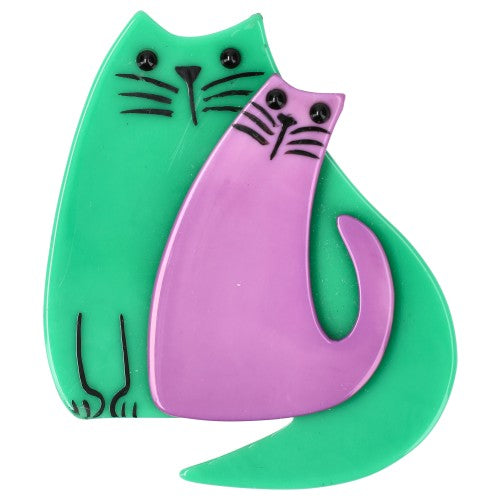 Lagoon Green and Lilac Purple Cat Couple Brooch